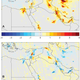 Tropospheric NO2 column density changes between 2005 and 2010 (A) and between 2010 and 2014 (B).
